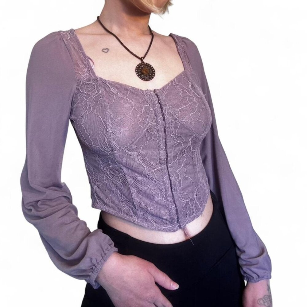 Lilac lace long sleeve top with button front and puffy sleeves